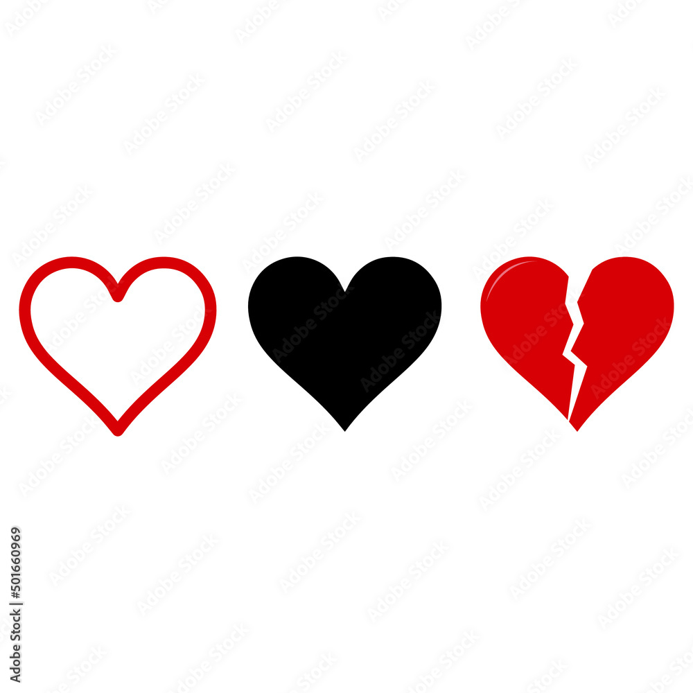 Vector flat style illustration set collection hearts isolated white background