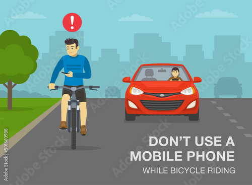 Safe bicycle riding rules and tips. Do not use a mobile phone while bicycle riding. Front view of a cyclist looking at phone while cycling on city road. Flat vector illustration template.