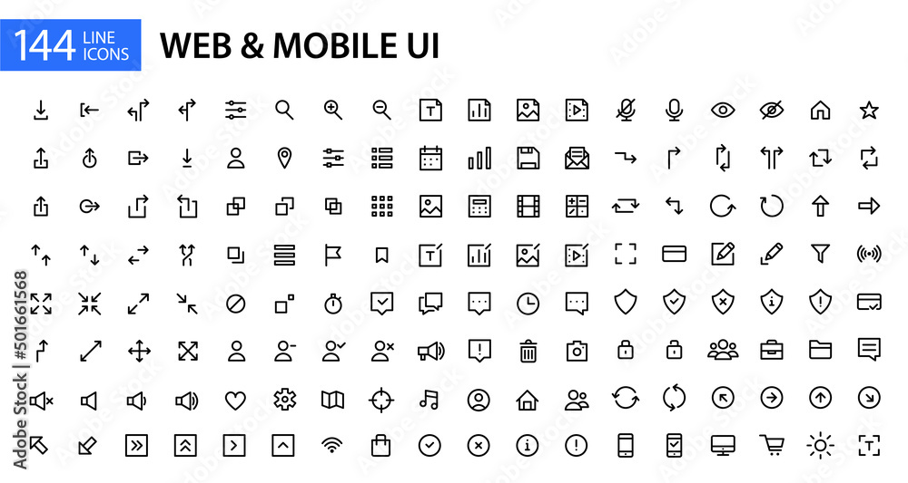 144 simple line art web and mobile ui icons. Pixel perfect, editable stroke