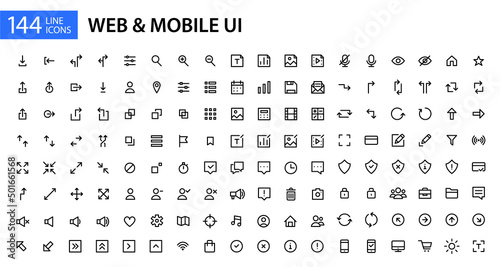 144 simple line art web and mobile ui icons. Pixel perfect, editable stroke