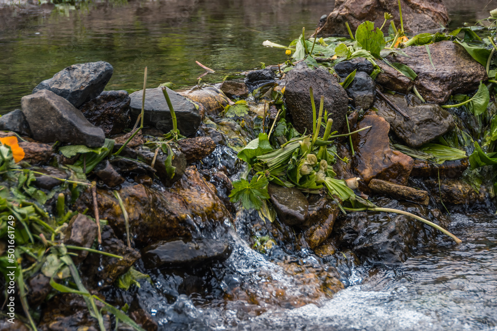Stone dam on forest river. Wall of cobblestones stopped flow of water and formed pond. Green plants on bank of stream Stone dam on forest river. Wall of cobblestones stopped flow of water and formed pond. Green plants on bank of stream