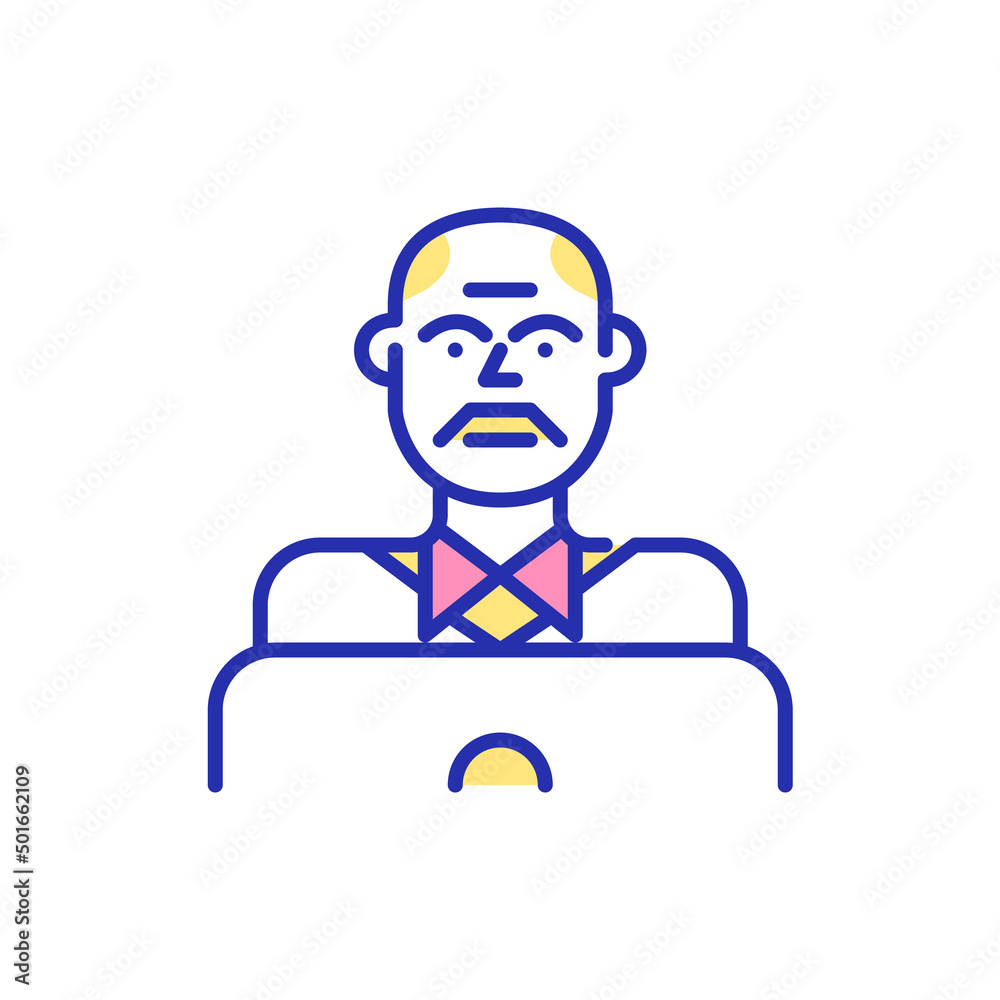 Middle-aged man working at a laptop. Pixel perfect, editable stroke fun color icon