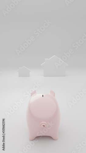 Piggy bank facing two houses of different sizes over a seamless background