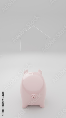 Piggy bank facing house shape in the background
