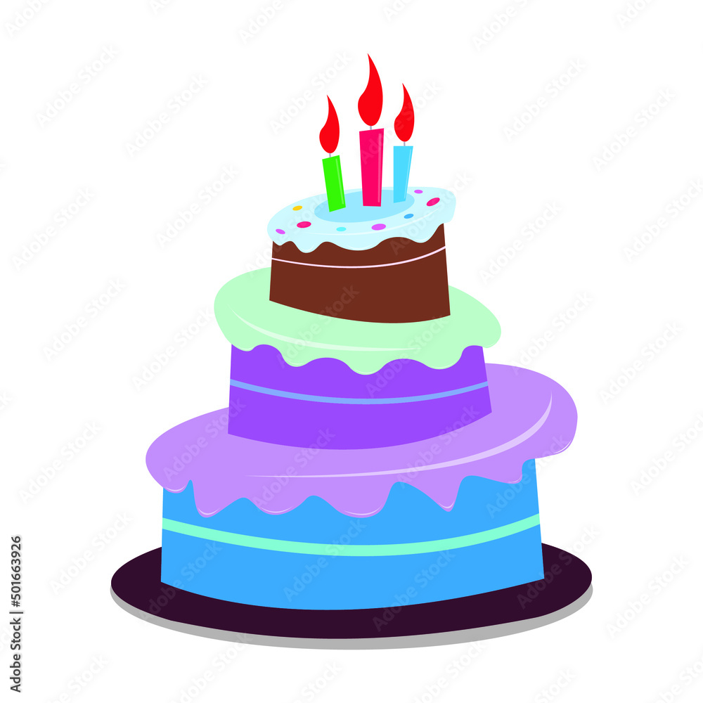 Illustration of colorful birthday cake with burning candles
