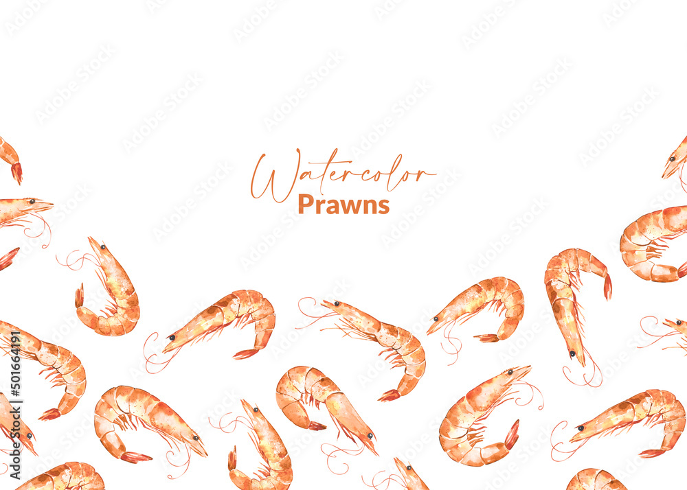 Template with watercolor illustrated prawns Template with watercolor illustrated prawns