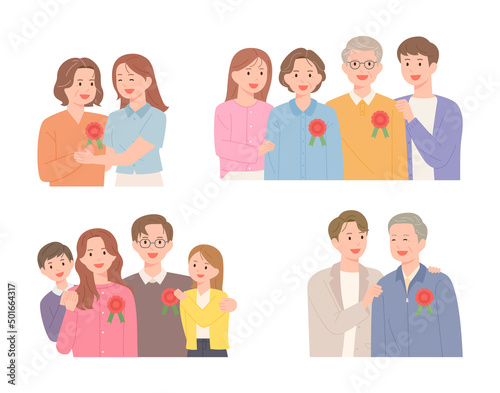Son and daughter attach carnation brooches to father and mother's chest on Parents' Day. flat design style vector illustration.