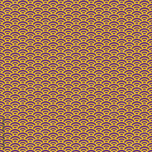 colorful simple vector pixel art seamless pattern of minimalistic golden yellow and imperial purple colors scaly japanese water waves pattern