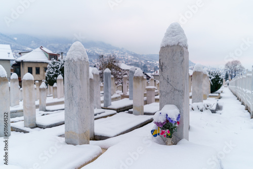 Martyrs' Memorial Cemetery during winter in Sarajevo, Bosnia Herzegovina photo