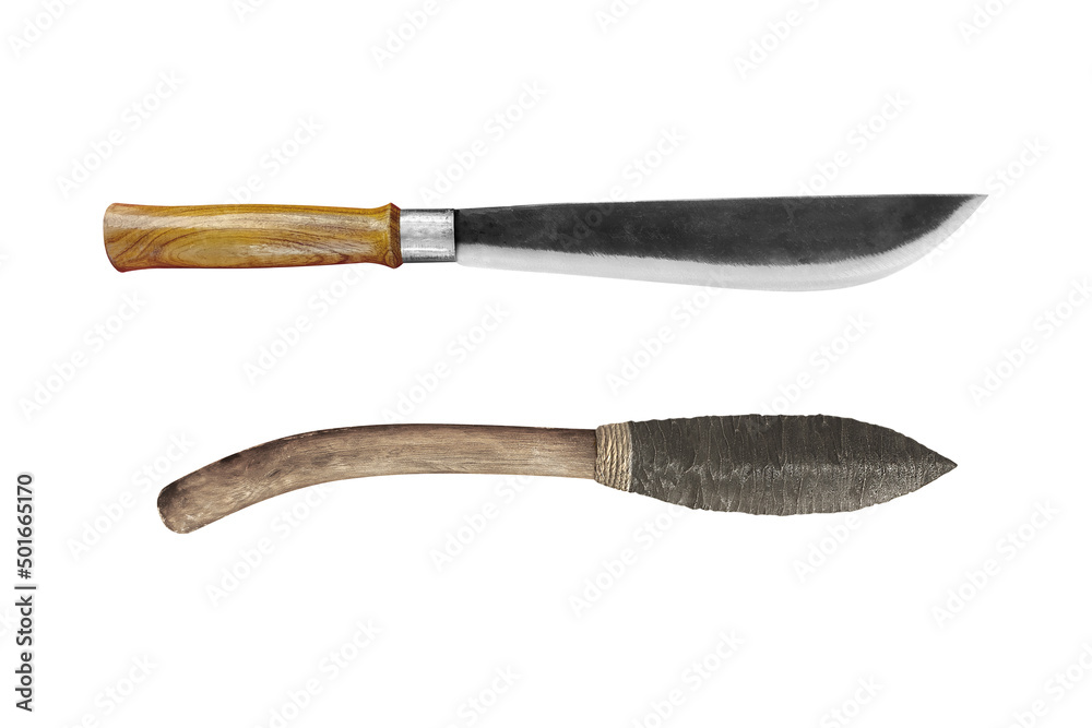 Ancient knife and present metal knife isolated on white wooden handle isolated on white background with clipping path included. Ancient knife and present metal knife isolated on white wooden handle isolated on white background with clipping path included.