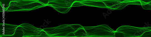 Abstract image of random line color of green in dark or black background. with empty copy space in the middle center. for billboard backdrop or background.