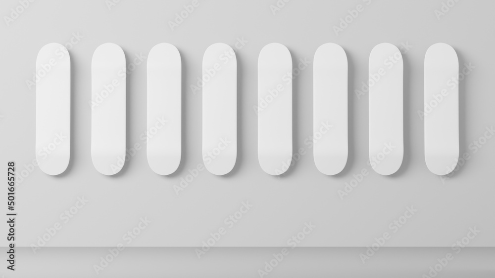 White Skateboard Deck Hanging on Wall. Skateboarding shop display for replace graphic art. 3D Rendering White Skateboard Deck Hanging on Wall. Skateboarding shop display for replace graphic art. 3D Rendering