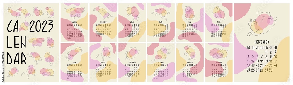 Cat calendar 2023. Funny line art cats in different poses. Wall monthly vertical calendar. Cover, templates for 12 months. The week starts on Monday. A3 cize. Hand drawn vector illustration. Cat calendar 2023. Funny line art cats in different poses. Wall monthly vertical calendar. Cover, templates for 12 months. The week starts on Monday. A3 cize. Hand drawn vector illustration.