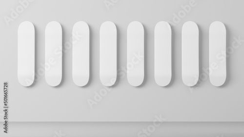 White Skateboard Deck Hanging on Wall. Skateboarding shop display for replace graphic art. 3D Rendering