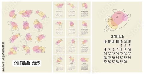 Vertical calendar 2023 with funny cats. Adorable cat - symbol Chinese zodiac calendar. Week starts from Monday. Set of 12 pages and cover in size A3. Trendy Line art in vector illustration.