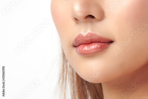 Obraz na plátně Close up photo with beautiful female face, Sexy plump full lips