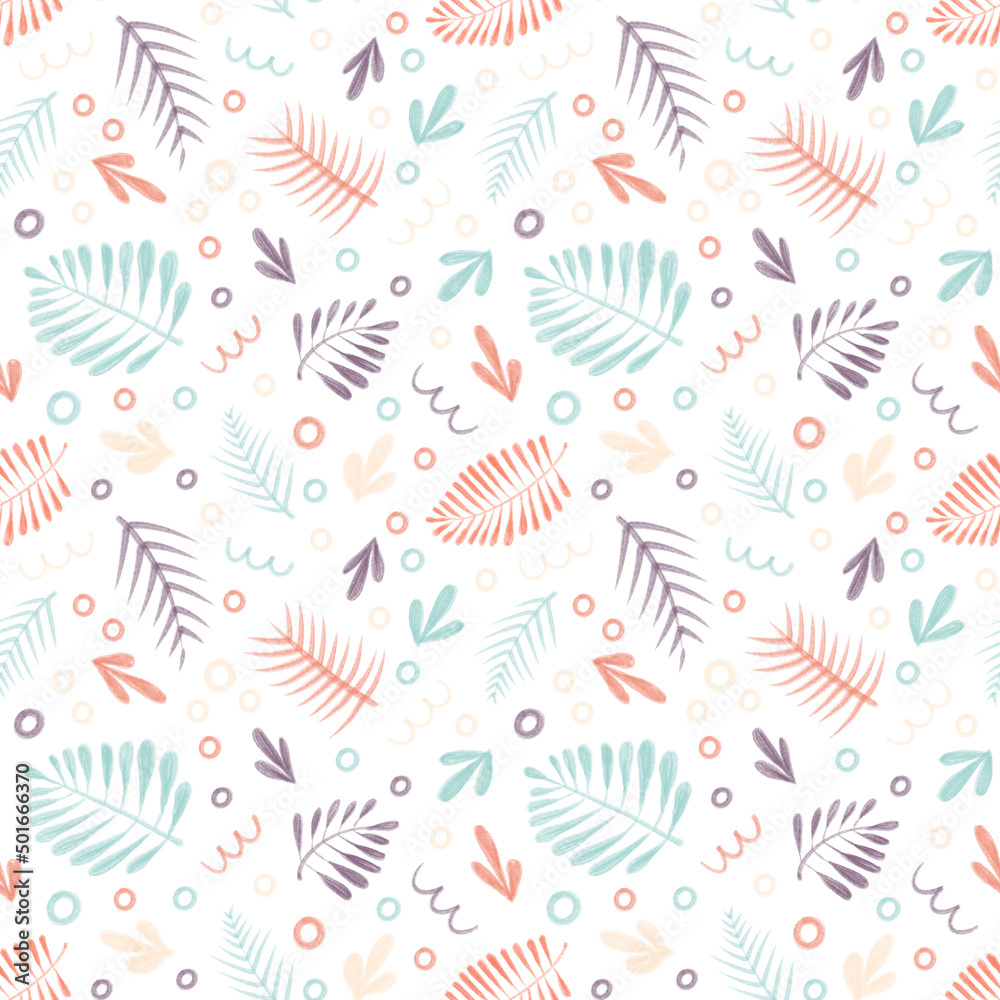 Hand drawn abstract floral seamless pattern in pastel colors with illustration of sketch silhouettes of tropical branches, leaves. Simple doodle cartoon style elements isolated on white background Hand drawn abstract floral seamless pattern in pastel colors with illustration of sketch silhouettes of tropical branches, leaves. Simple doodle cartoon style elements isolated on white background