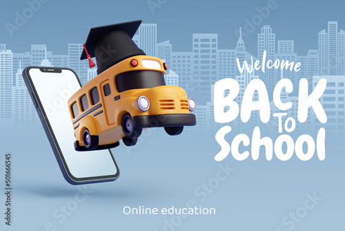 3d Vector of school bus with diploma cap jump out from smart phone to city