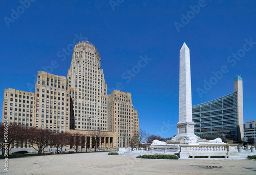 The art deco style city hall building in Buffalo with a monument to President McKinley, who was assassinated there in 1901