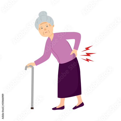 Senior woman having low back pain in flat design on white background. Backache symptom. Muscle or bone problem.