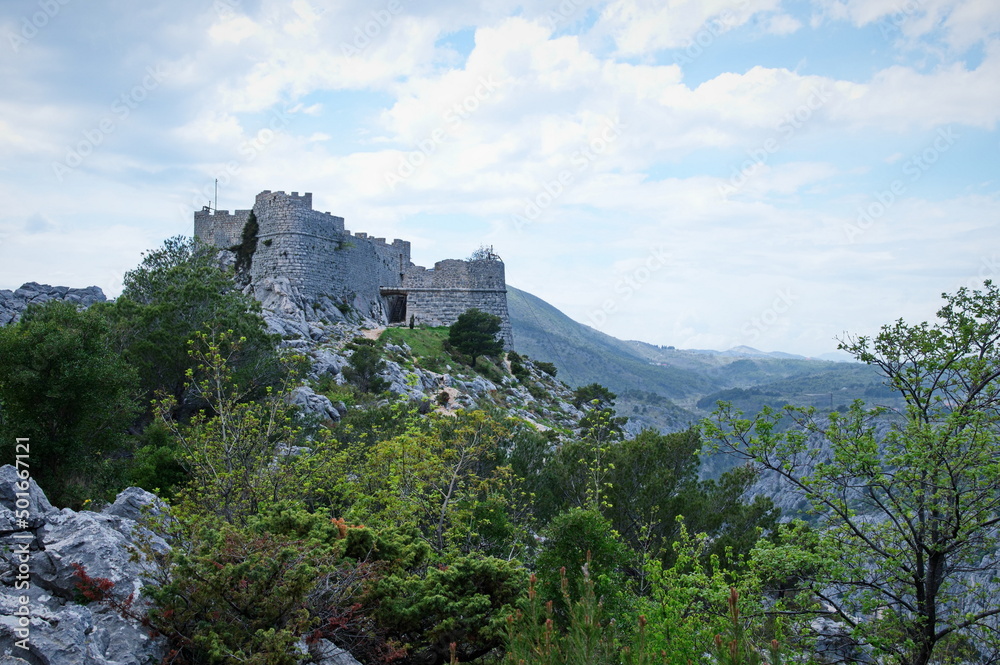 Medieval fortress on the top of rocky mountain in Croatia