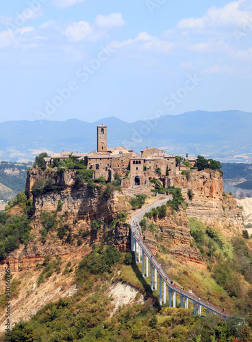 Amazing town citizens perched on the hill called CVITA DI BAGNOREGIO in central Italy in Europe connected with a pedestrian bridge