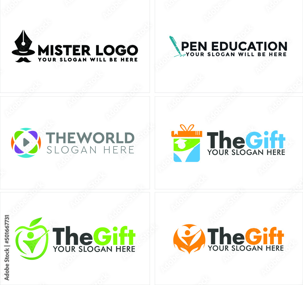 This is logo design modern with various kinds symbol  such as pen, hat, play button colorful, box gift, apple and people combination line art vector illustration