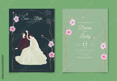 Wedding invitation design. Drawing bride and groom character  illustration  vector. Celebration  event  invitation  wedding dress  groom  romantic  pastel tones  wedding gate. Bridal flower bouquet  