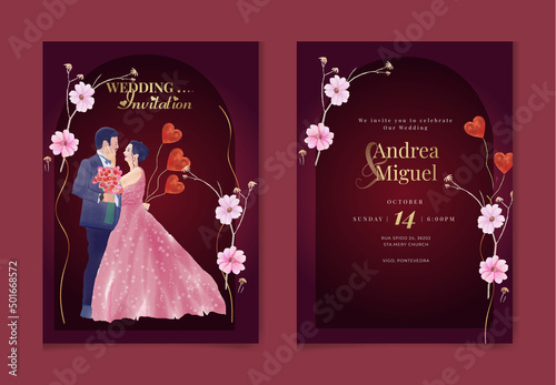 Wedding invitation design. Drawing bride and groom character, illustration, vector. Celebration, event, invitation, wedding dress, groom, romantic, pastel tones, wedding gate. Bridal flower bouquet, 