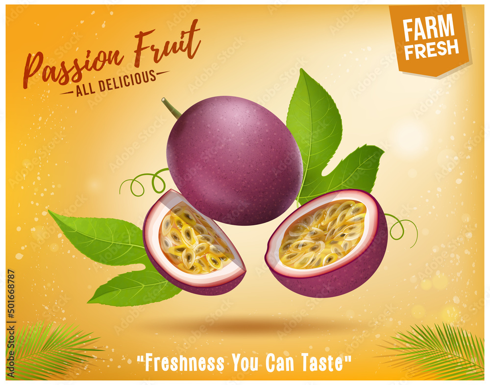 Fototapeta premium Passionfruit with fruit slices in the air vector illustration on light yellow background