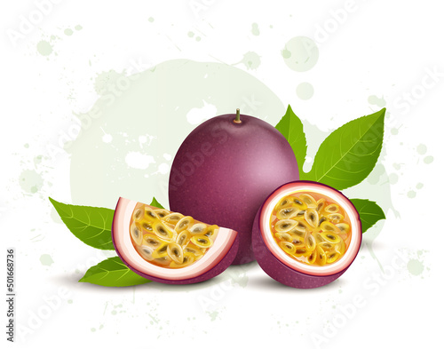 Passion Fruit vector illustration with half piece and slices of passion fruit with green leaves