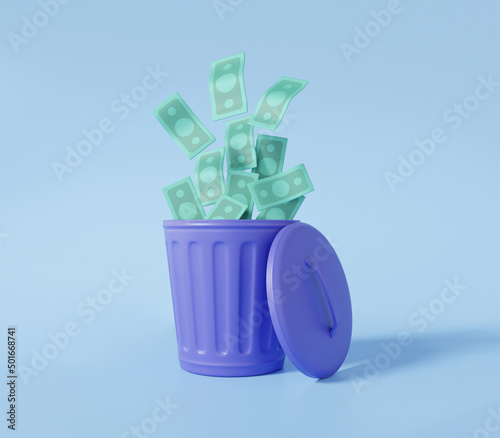 Cartoon minimal style banknotes dollar floating in open purple trash on blue pastel background, inflation concept, waste, exchange rate, 3D render illustration