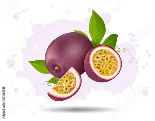 Whole passionfruit with slices and a half piece of passion fruit with green leaves