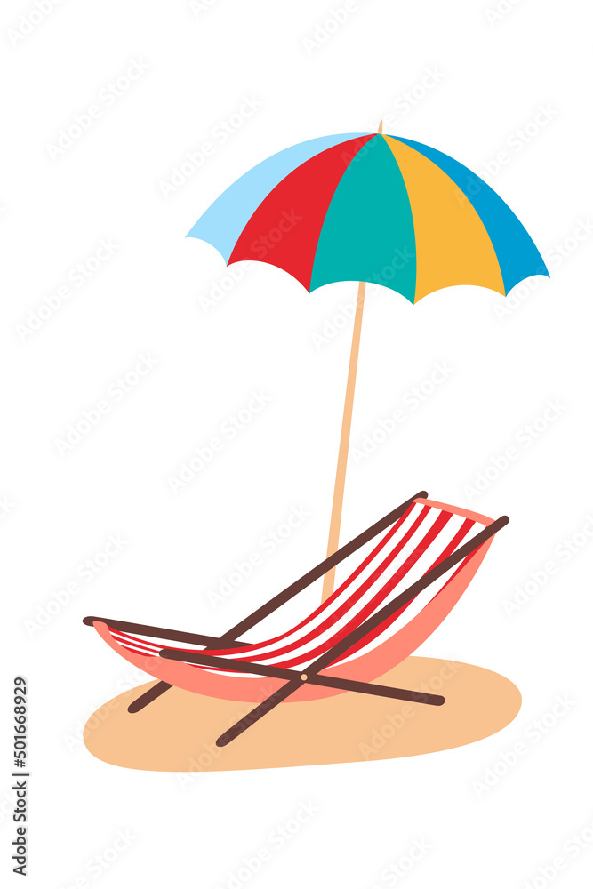 Beach umbrella and chair. Vacation and travel concept. Flat vector