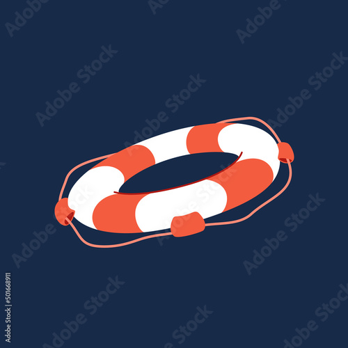 Striped red and white lifebuoy with rope around. Flat vector cartoon illustration, clipart.