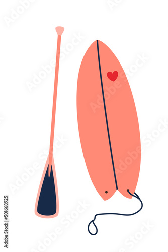Surf or sup board with paddle. Flat vector cartoon illustration, clipart.