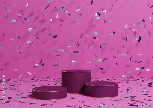 Bright magenta, neon pink 3D rendering product display three podiums stands with colorful confetti celebration anniversary advertising and golden lines for luxury products simple, minimal background