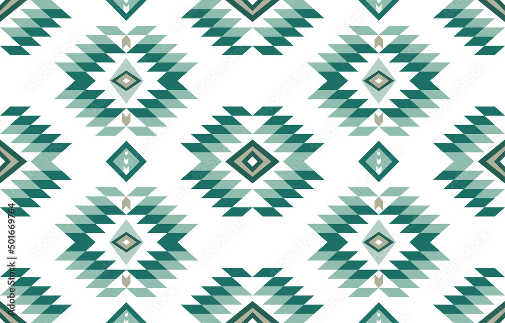 green geometric Aztec style. Mosaic on the tile. African Moroccan pattern. Ethnic carpet. Majolica. Asian rug. Tribal vector ornament. Aztec geo pattern. Native design for fabric print. seamless - obrazy, fototapety, plakaty 