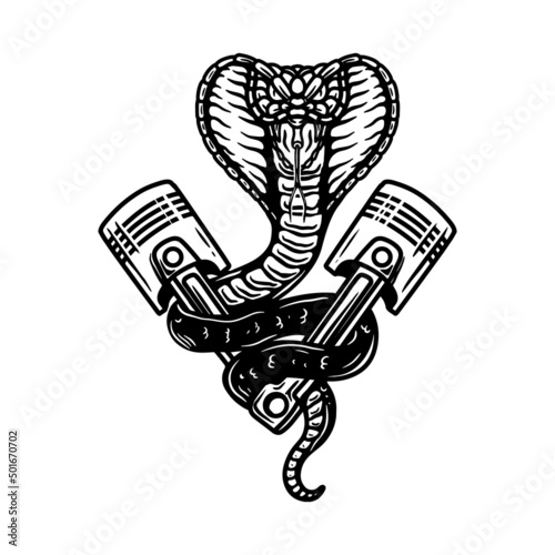 Illustration of cobra and two motorcycle pistons. Design element for poster, t shirt, card, banner. Vector illustration