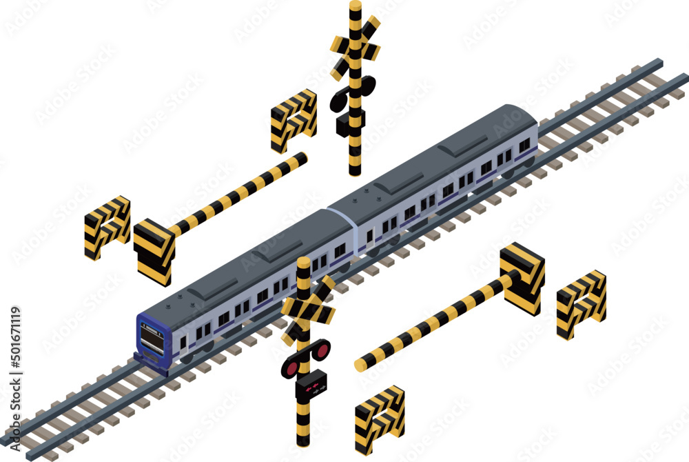 線路の上を走る立体的な青色電車と遮断機のアイソメトリックイラスト Stock Vector Adobe Stock