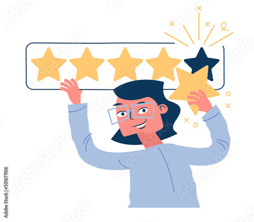 The person leaves a five-star rating and positive feedback. Customer feedback. Customer satisfaction.