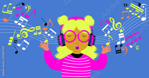 Teenage girl in headphones surrounded by musical notes. Girl listens to music. Creative banner. Little female child cartoon music.