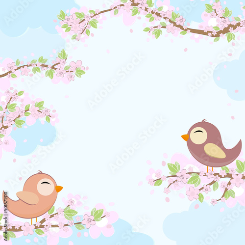 Birds in love on blossom branches