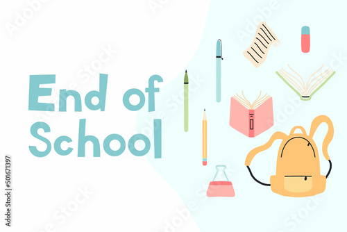 Education concept. End of school. A schoolboy throws school objects into the air. Flat style. Vector illustration.