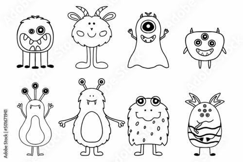 Set of monsters and aliens. Cute hand drawn monsters in scandinavian style. Doodle aliens. Vector illustration.