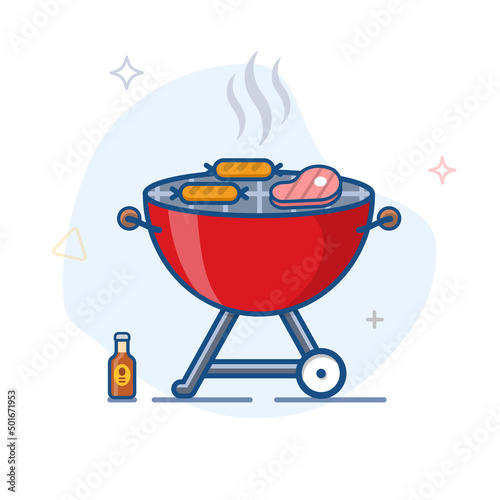 Kettle BBQ Charcoal Grill Vector Outline Illustration. Portable Camping Barbecue Icon. 