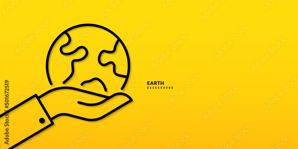 Hand holding Planet Earth on yellow background, Save the planet concept. Minimal Continuous line drawing illustration Hand holding Planet Earth on yellow background, Save the planet concept. Minimal Continuous line drawing illustration
