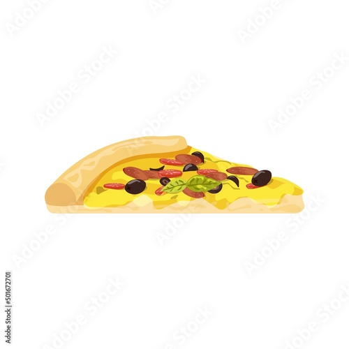 Vector slice of pizza with olives, tomatoes and pepperoni. Fast food illustration