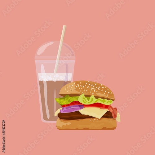 Vector cheeseburger and a glass of coffee. Fast food illustration