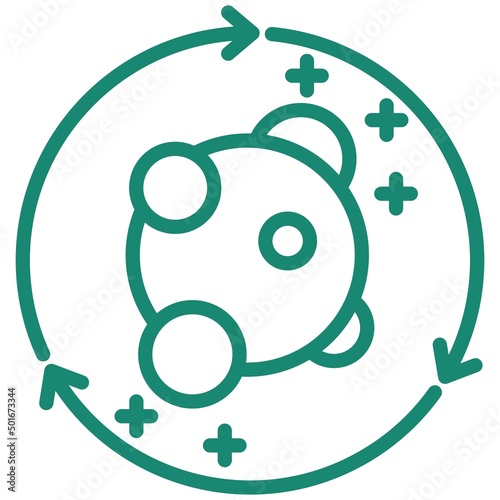 Molecule inside circular arrow with plus signs. The concept of improving metabolism. Turquoise vector linear icon, isolated on transparent background